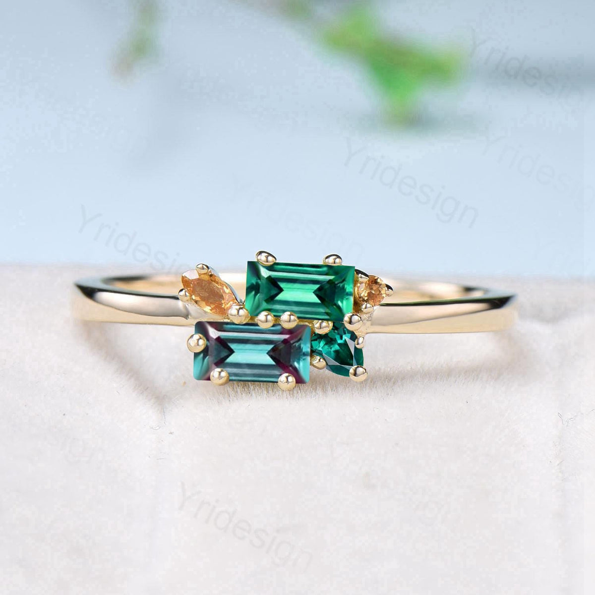 Unique Baguette Alexandrite Emerald Ring Moonstone Wedding Ring Yellow Gold Stacking Dainty Ring Multi-Stone Citrine Ring Anniversary Gift