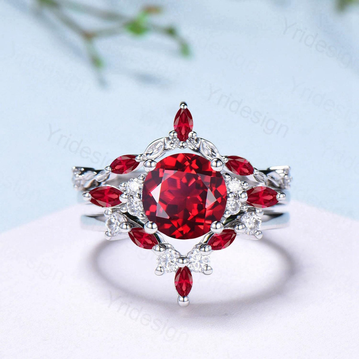 Vintage red ruby engagement ring set 3pcs white gold ruby moissanite wedding set Art deco leaf stacking band bridal promise ring set women