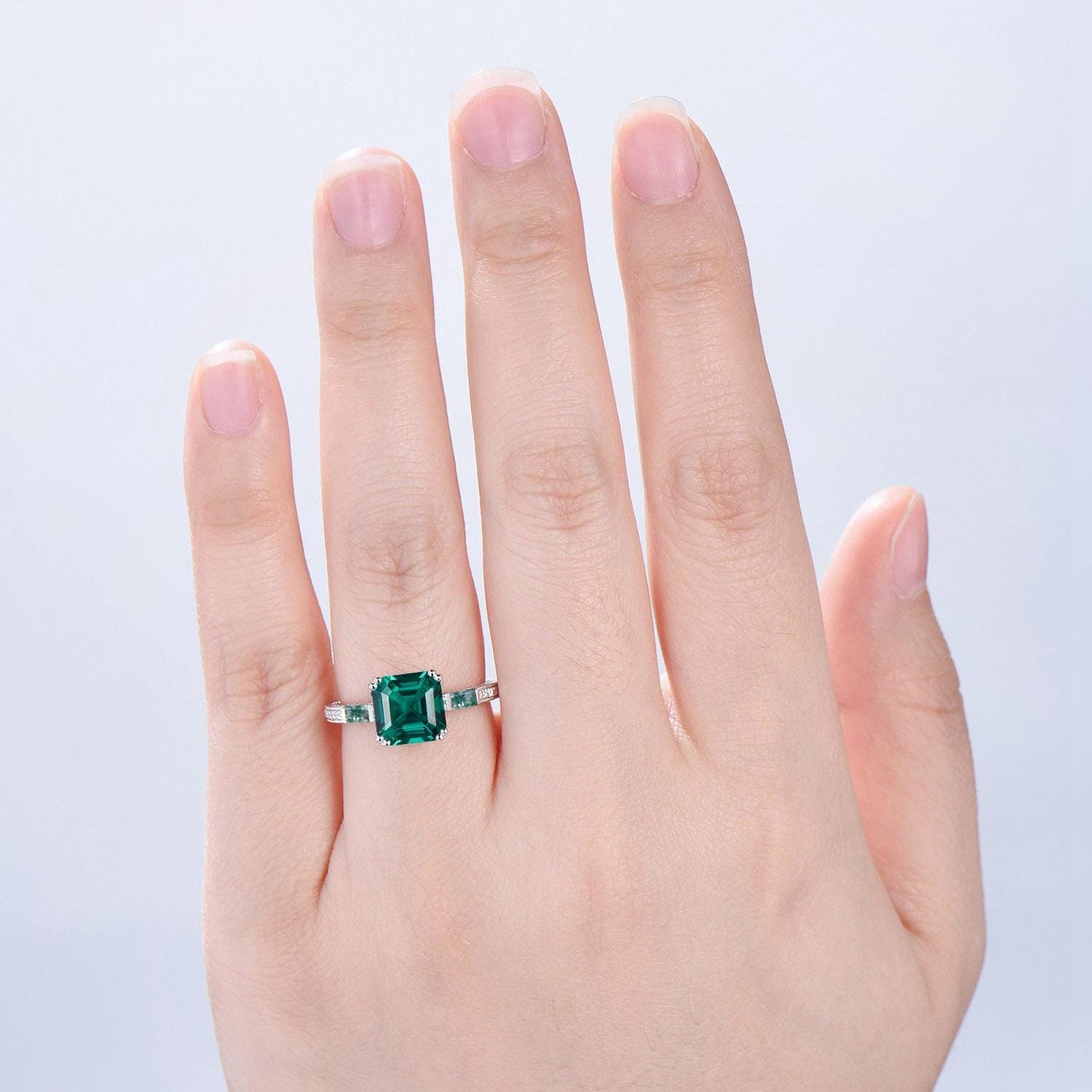 Vintage asscher cut emerald engagement ring hidden halo diamond moss agate basket setting eight prongs wedding ring anniversary promise ring