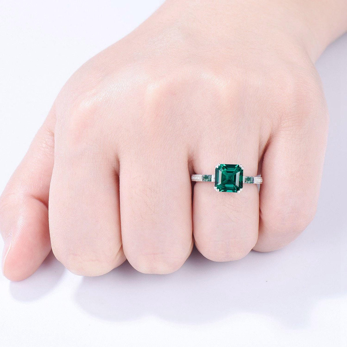 Vintage asscher cut emerald engagement ring hidden halo diamond moss agate basket setting eight prongs wedding ring anniversary promise ring