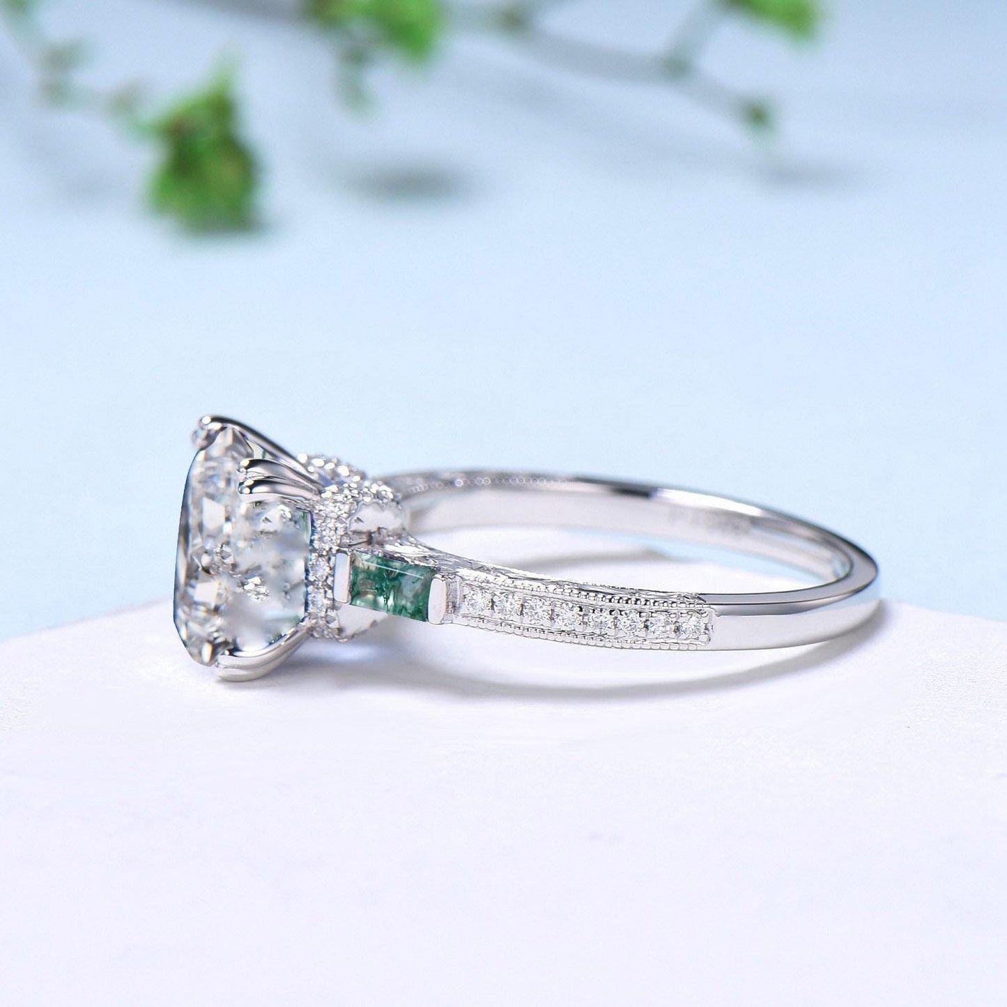 Hidden halo princess cut diamond engagement ring hidden halo moss agate diamond  basket setting wedding ring IGI certificate diamond jewelry