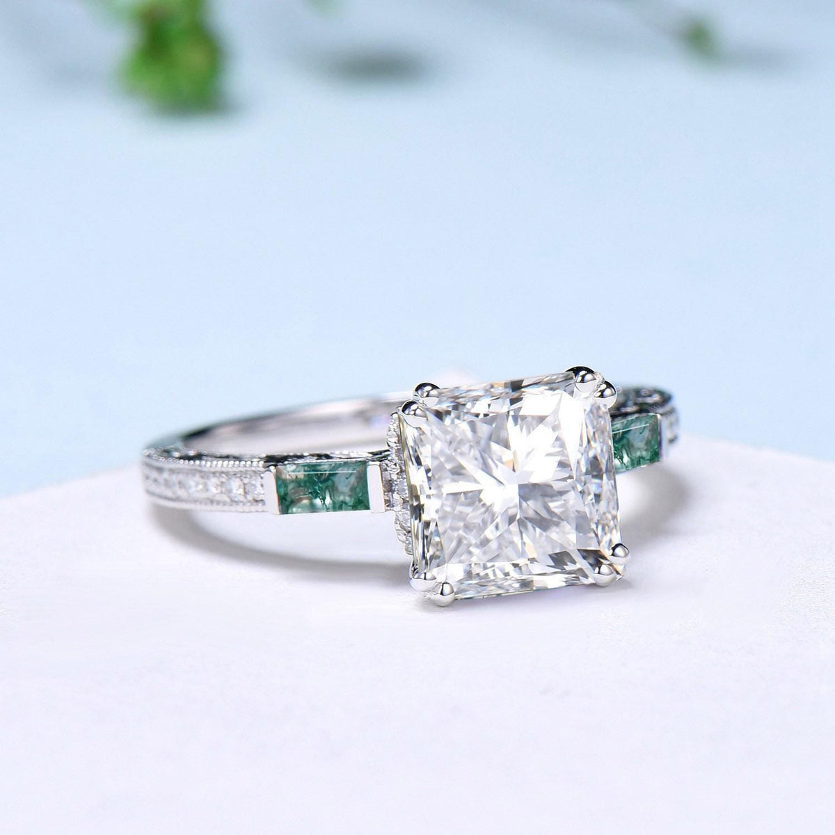 Hidden halo princess cut diamond engagement ring hidden halo moss agate diamond  basket setting wedding ring IGI certificate diamond jewelry
