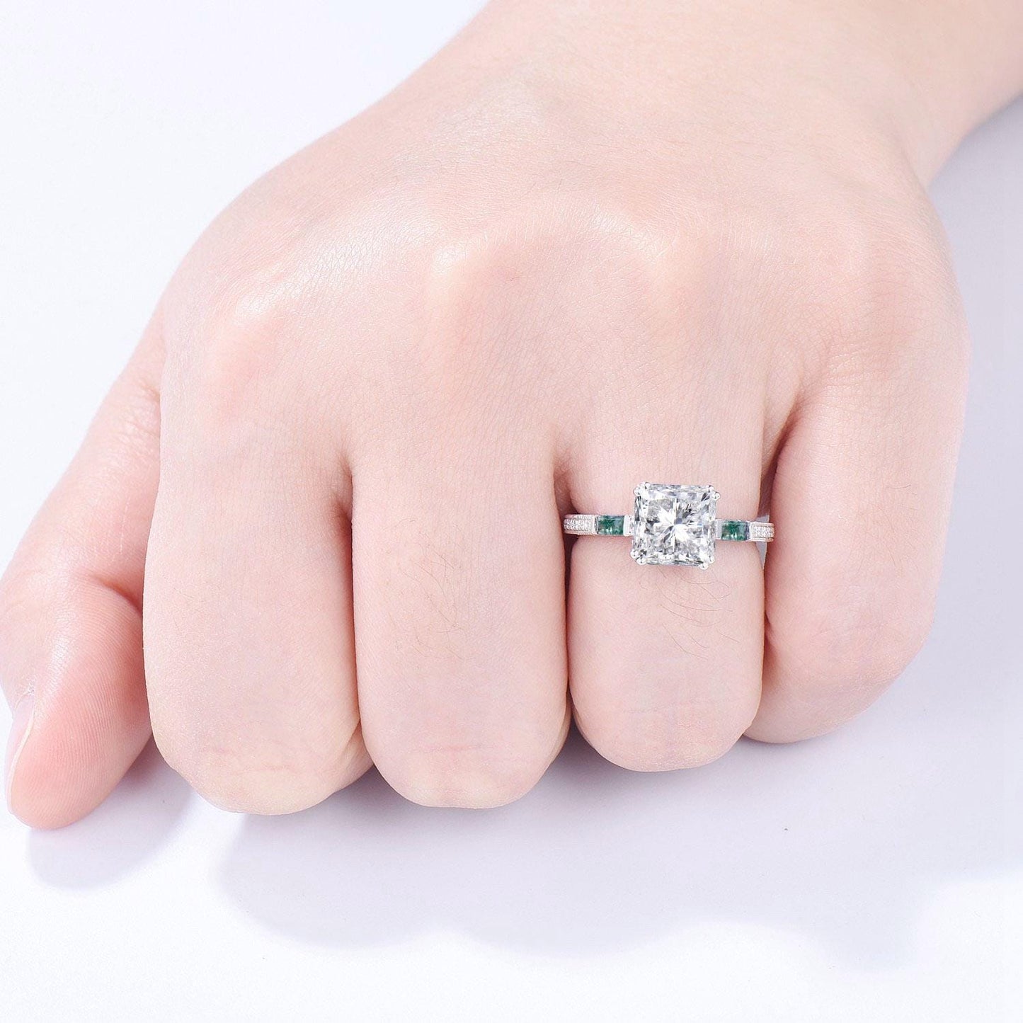 Hidden halo princess cut diamond engagement ring hidden halo moss agate diamond  basket setting wedding ring IGI certificate diamond jewelry