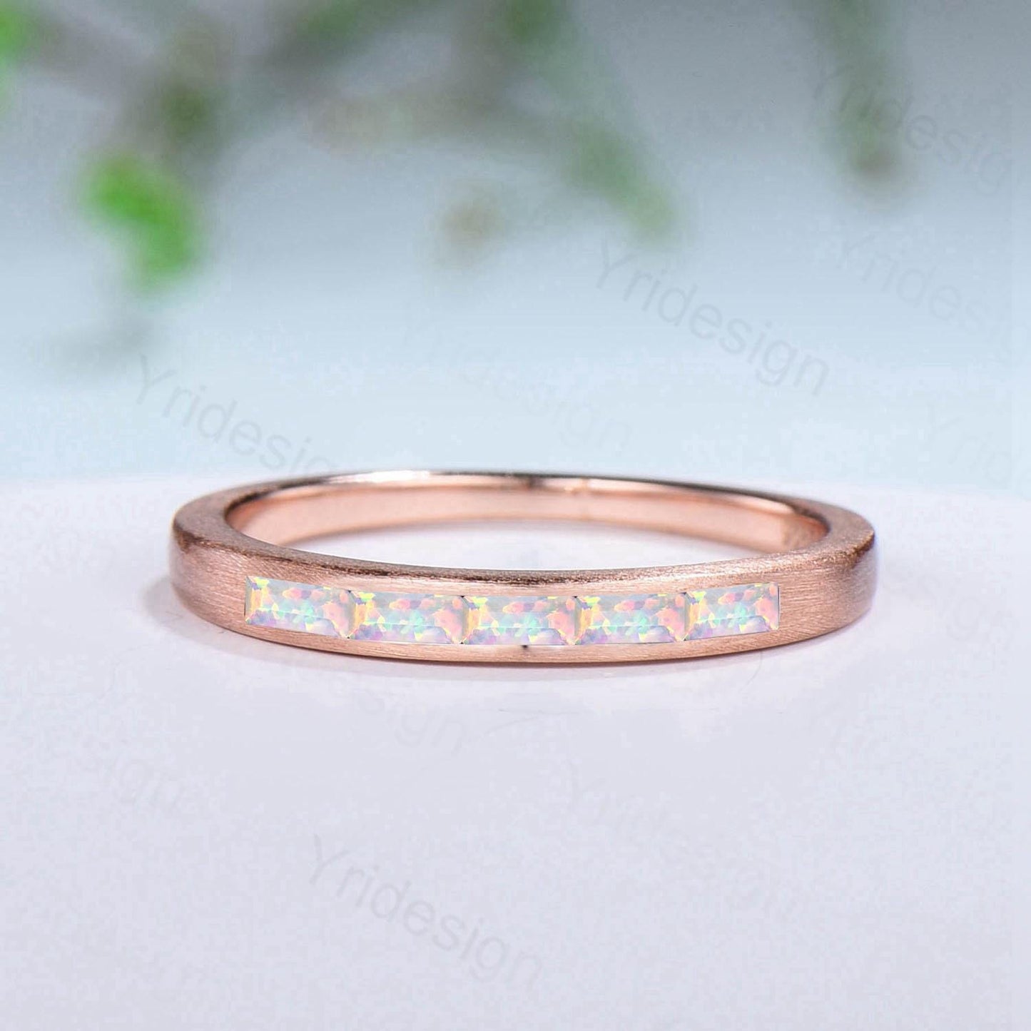 Hammered Opal Wedding Ring Unique Minimalist Brushed Five Stone Opal Wedding Band Women Tension Design Stacking Retro Vintage Stacking Ring