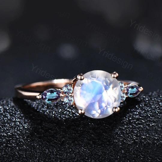 1ct Round Natural Moonstone Engagement Ring Color-Change Marquise Alexandrite Wedding Ring Women June Birthstone Anniversary Promise Gift