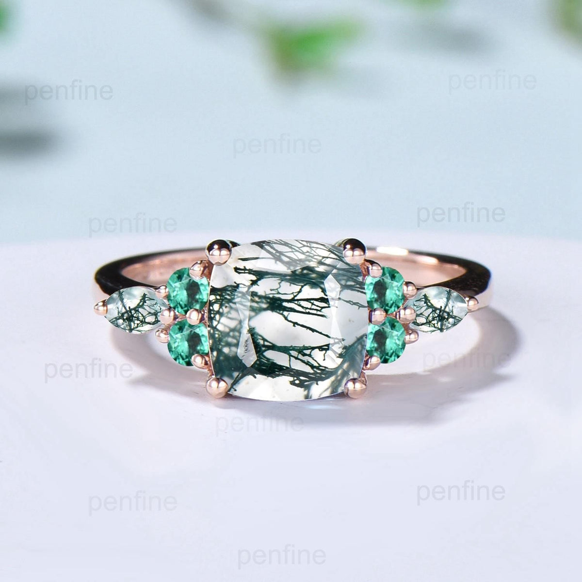 Vintage Cushion Natural Moss Agate Ring Dainty Cluster Emerald Marquise Engagement Ring Unique Art Deco Seven Stone Promise Anniversary Gift