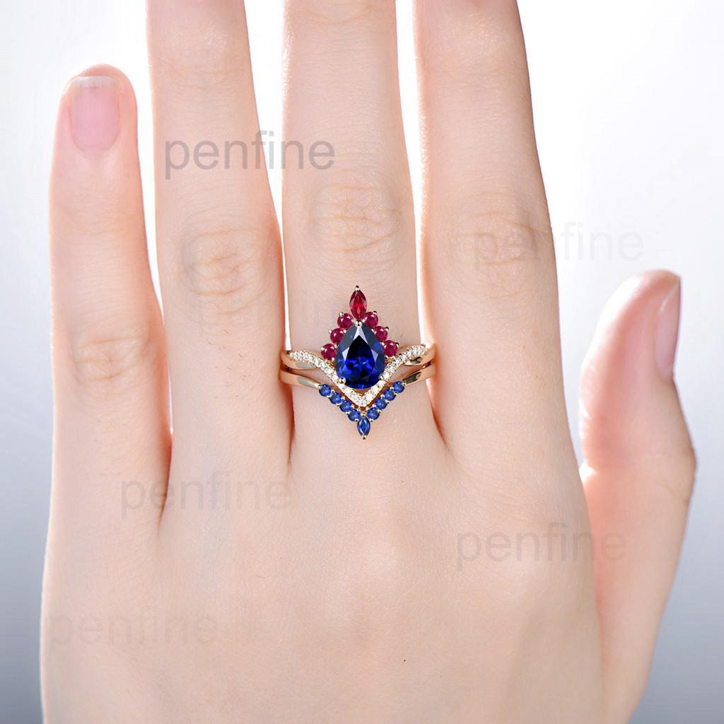Vintage Sapphire Engagement Ring Set 14K Yellow Gold Pear Shaped Sapphire Ruby Wedding ring Set Art Deco 2pcs Twisted Bridal Ring Set Women