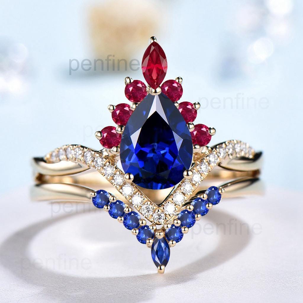 Vintage Sapphire Engagement Ring Set 14K Yellow Gold Pear Shaped Sapphire Ruby Wedding ring Set Art Deco 2pcs Twisted Bridal Ring Set Women