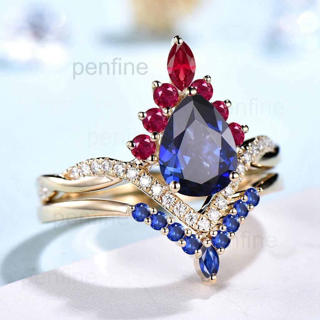 Vintage Sapphire Engagement Ring Set 14K Yellow Gold Pear Shaped Sapphire Ruby Wedding ring Set Art Deco 2pcs Twisted Bridal Ring Set Women