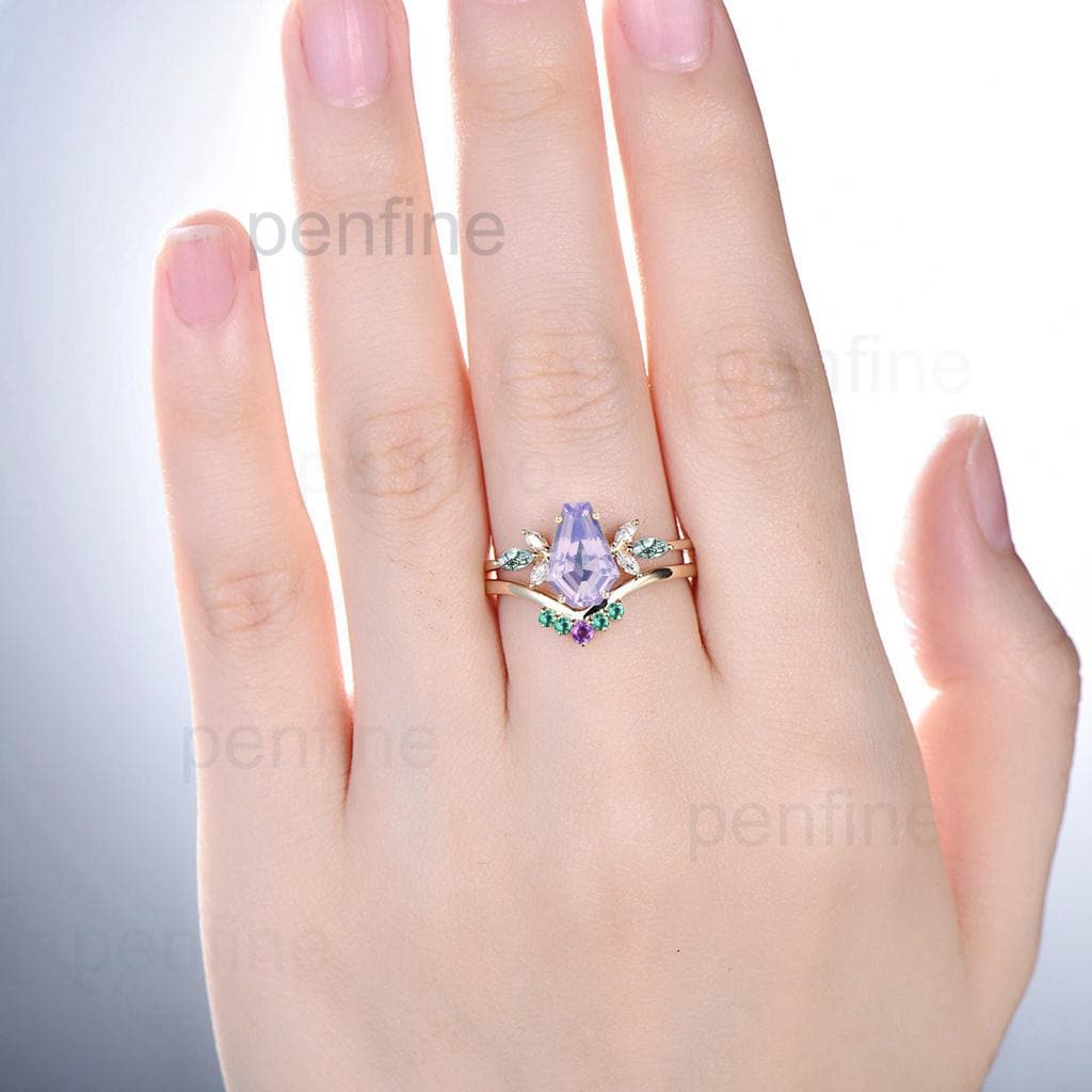 Vintage Coffin Cut Lavender Amethyst Engagement Ring Set Unique Yellow Gold Marquise Moss Agate Wedding Set Emerald Amethyst Stacking Band