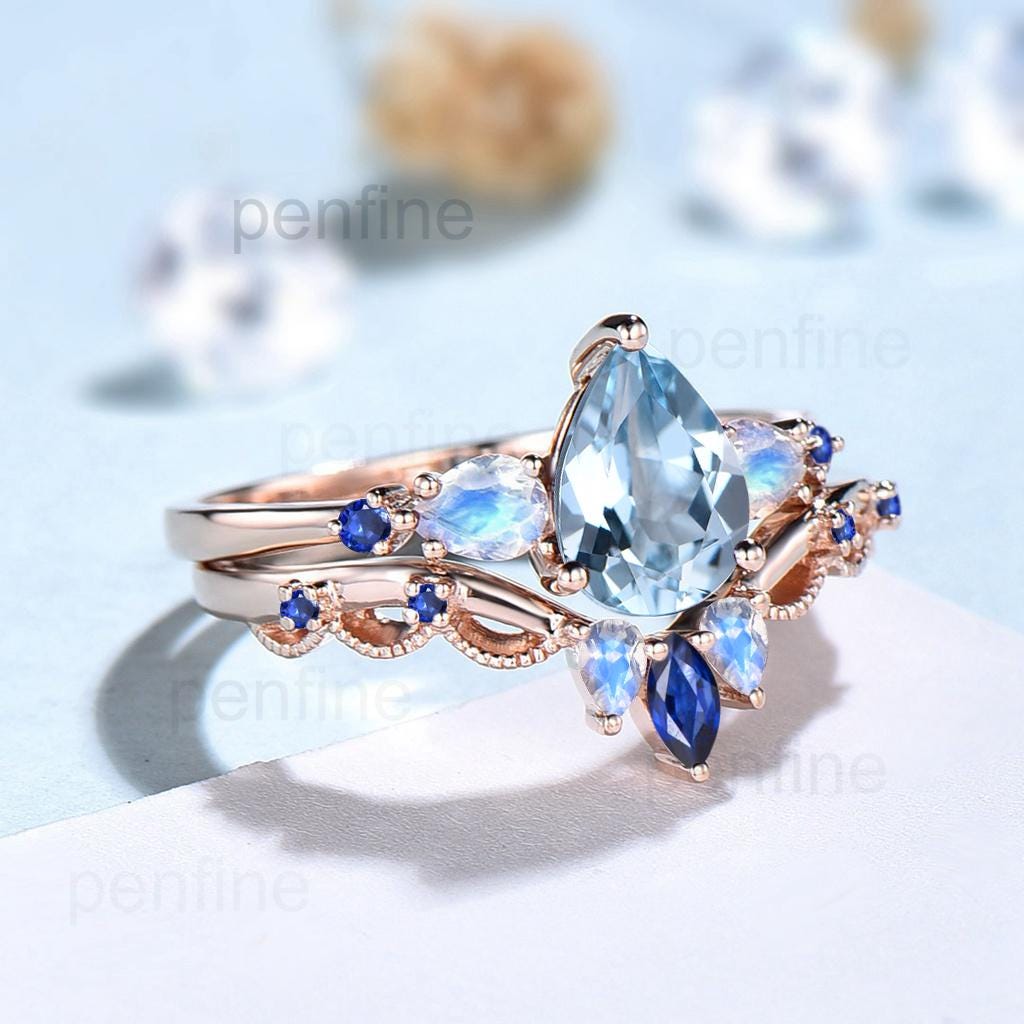 1.25CT Pear Shaped Natural Aquamarine Engagement Ring Set Five Stone Moonstone Sapphire Blue Gemstone Wedding Ring Set Rose Gold Bridal Set