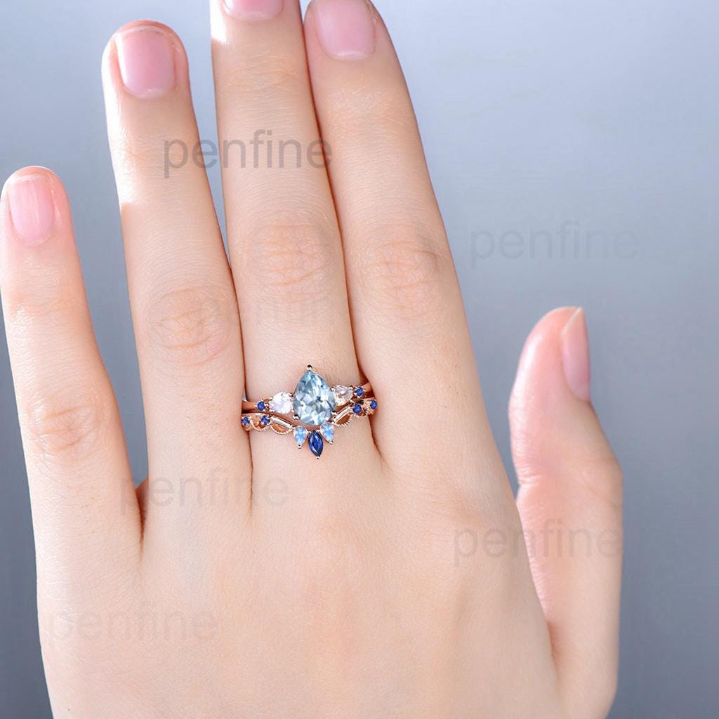 1.25CT Pear Shaped Natural Aquamarine Engagement Ring Set Five Stone Moonstone Sapphire Blue Gemstone Wedding Ring Set Rose Gold Bridal Set