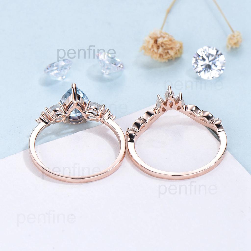 1.25CT Pear Shaped Natural Aquamarine Engagement Ring Set Five Stone Moonstone Sapphire Blue Gemstone Wedding Ring Set Rose Gold Bridal Set