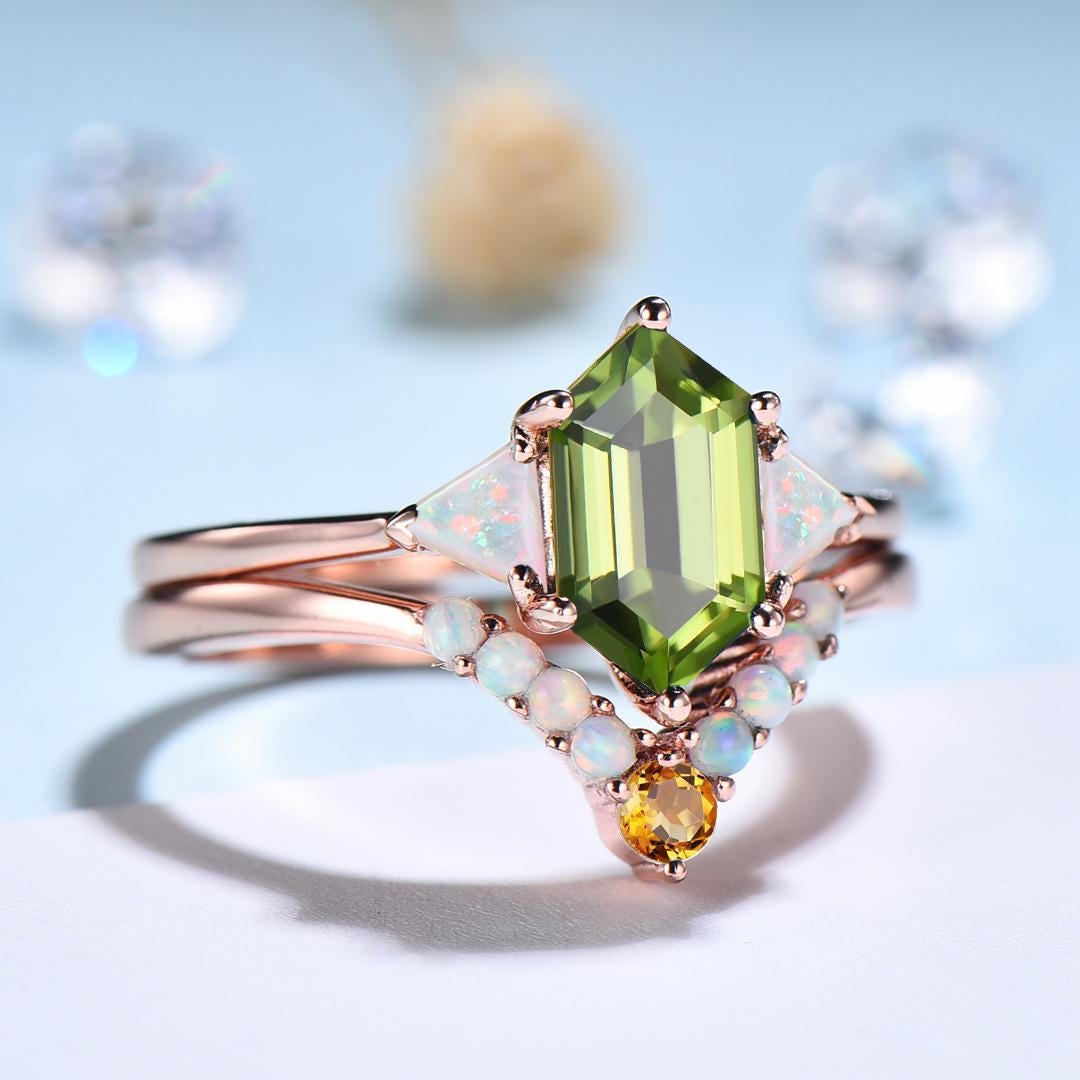 2pcs Peridot Ring Set Hexagon Cut Peridot with Trillion Opal Accents & Curved Band with Opal and Citrine August Birthstone