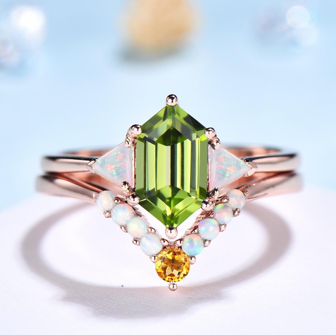 2pcs Peridot Ring Set Hexagon Cut Peridot with Trillion Opal Accents & Curved Band with Opal and Citrine August Birthstone