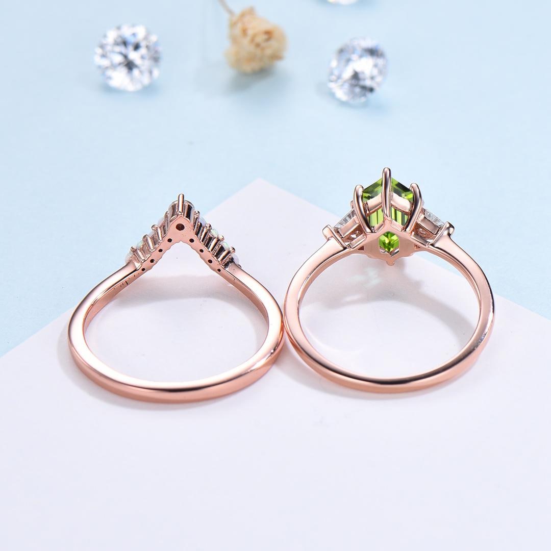 2pcs Peridot Ring Set Hexagon Cut Peridot with Trillion Opal Accents & Curved Band with Opal and Citrine August Birthstone