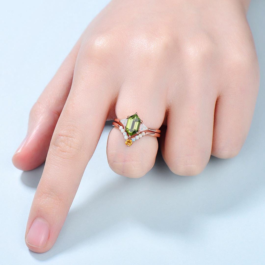 2pcs Peridot Ring Set Hexagon Cut Peridot with Trillion Opal Accents & Curved Band with Opal and Citrine August Birthstone