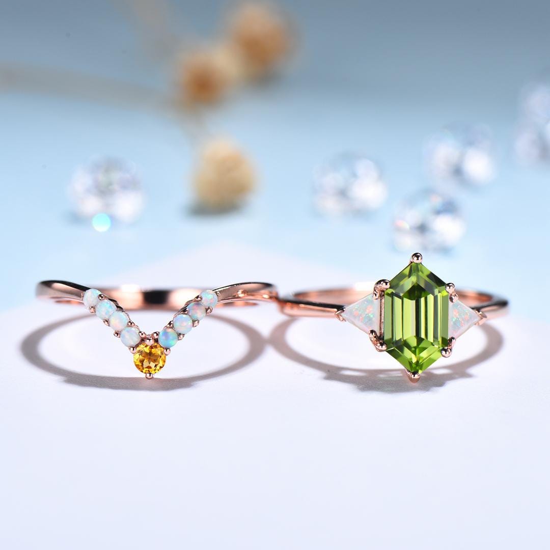 2pcs Peridot Ring Set Hexagon Cut Peridot with Trillion Opal Accents & Curved Band with Opal and Citrine August Birthstone