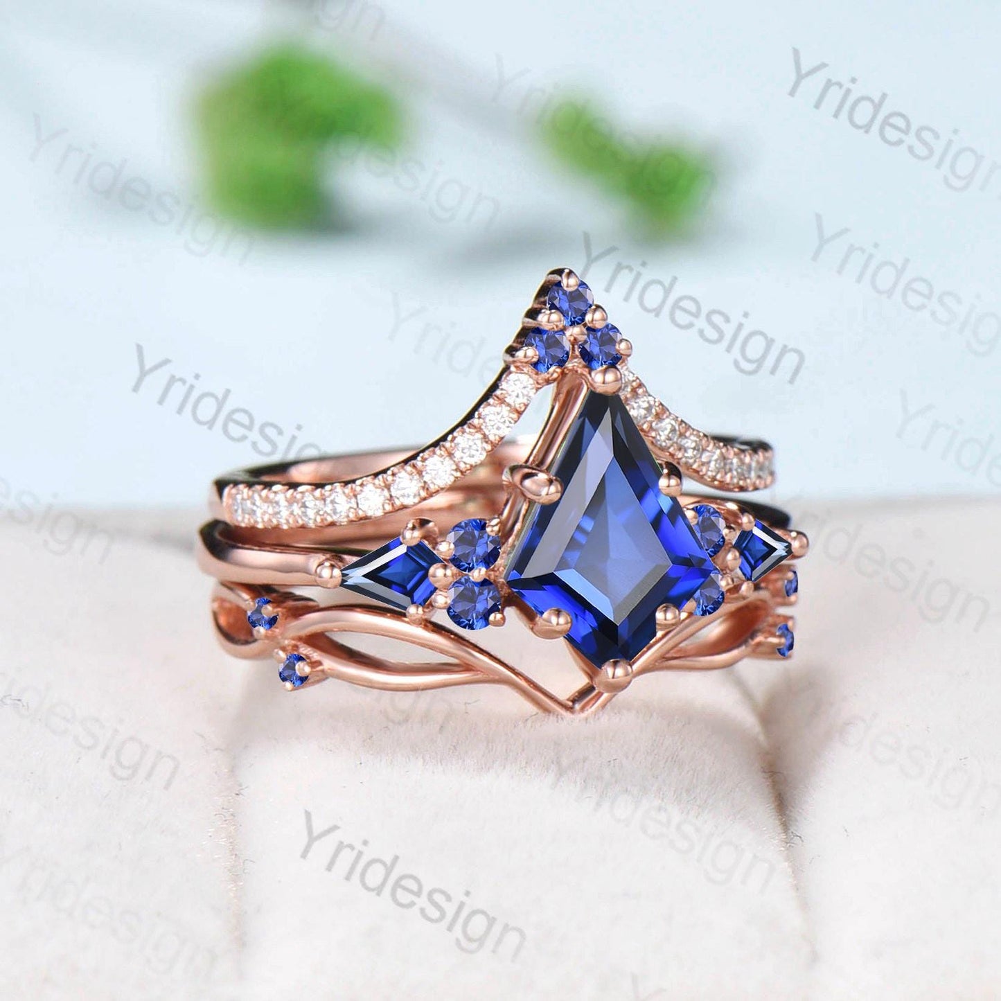 Vintage kite cut blue sapphire engagement ring set vintage 14k rose gold September birthstone jewelry 3pcs bridal wedding ring set gifts