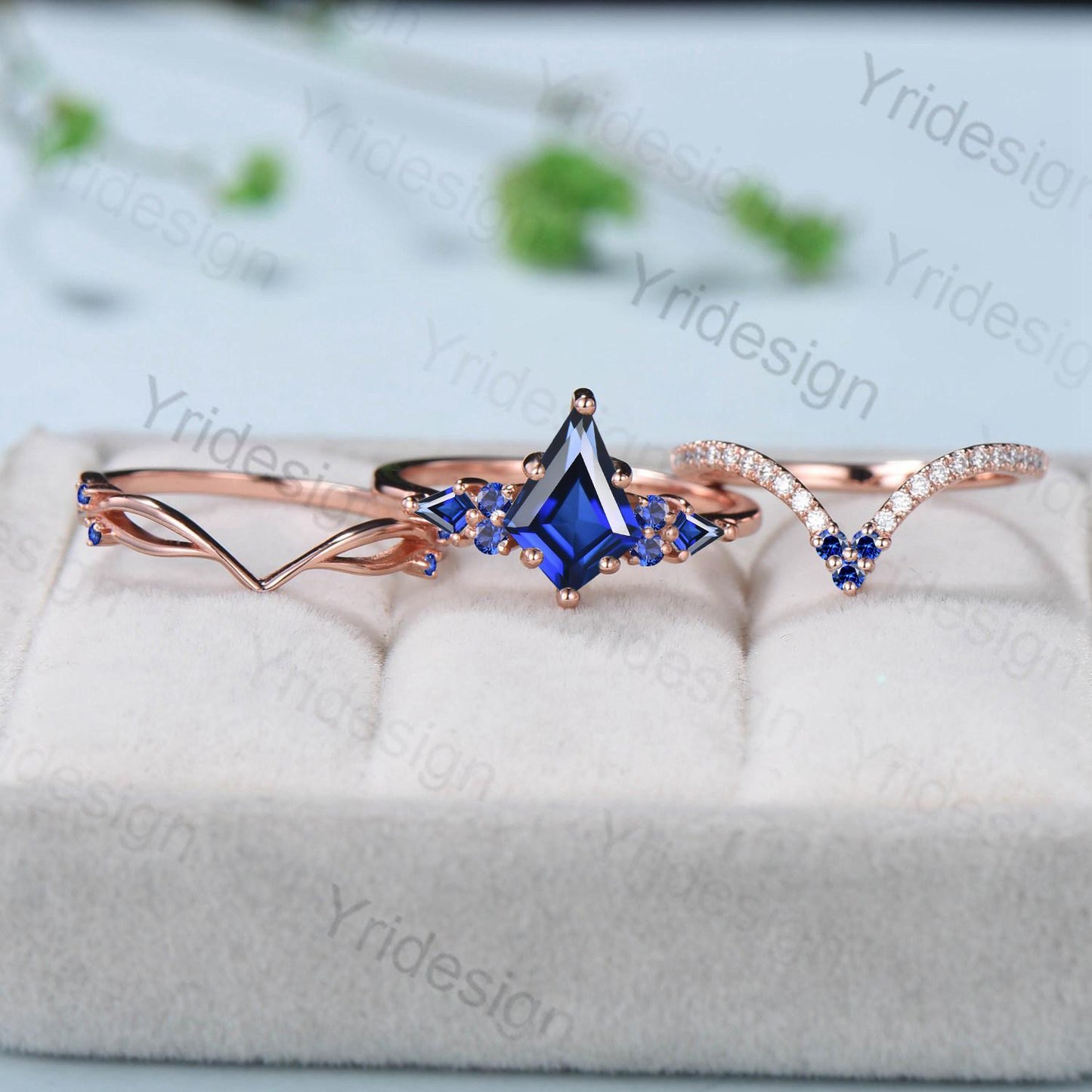 Vintage kite cut blue sapphire engagement ring set vintage 14k rose gold September birthstone jewelry 3pcs bridal wedding ring set gifts