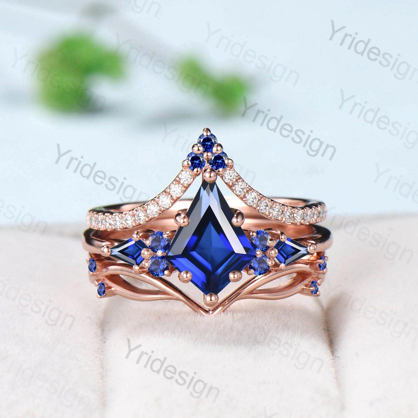 Vintage kite cut blue sapphire engagement ring set vintage 14k rose gold September birthstone jewelry 3pcs bridal wedding ring set gifts