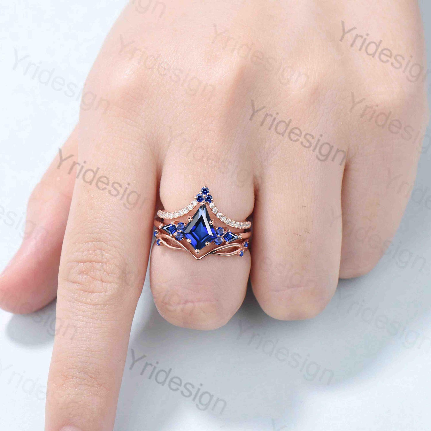 Vintage kite cut blue sapphire engagement ring set vintage 14k rose gold September birthstone jewelry 3pcs bridal wedding ring set gifts