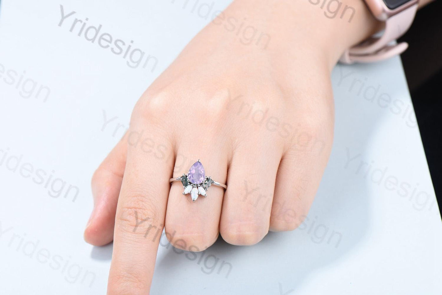 Unique Pear Shaped Lavender Amethyst Engagement Ring Baguette Moss Agate Marquise Opal Wedding Ring Vintage Handmade Anniversary Ring Gift