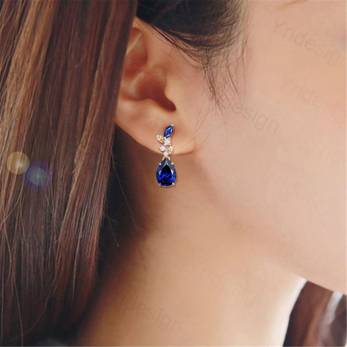 Nature Inspired Pear Shaped Blue Sapphire Earrings Leaf Stud Earrings Silver Vintage Unique Opal Earrings Handmade Anniversary Promise Gift