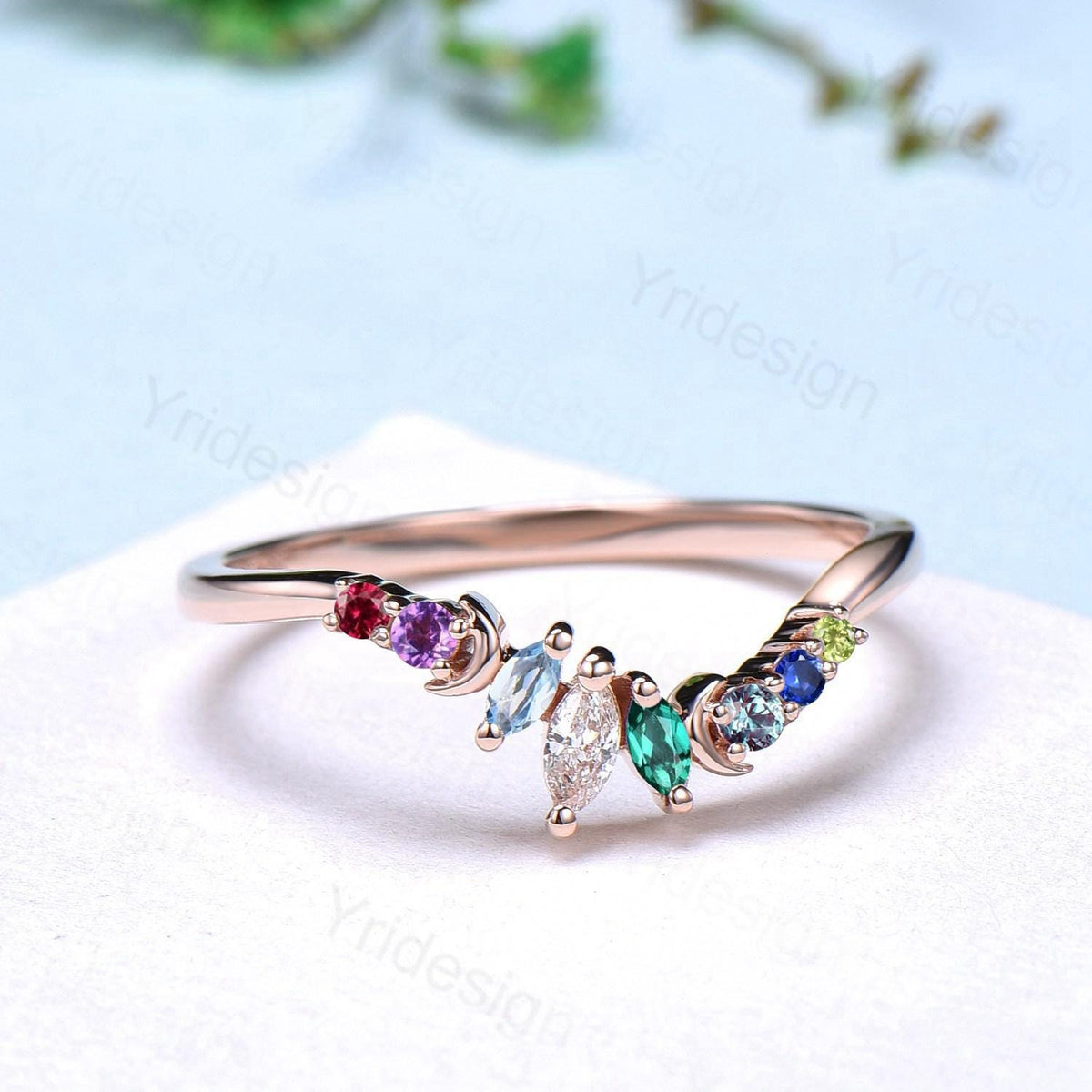 Unique Rainbow Birthstone Wedding Band Curved Marquise Cut Gemstone Moon Wedding Ring Rose Gold Art Deco Stacking Marching Band