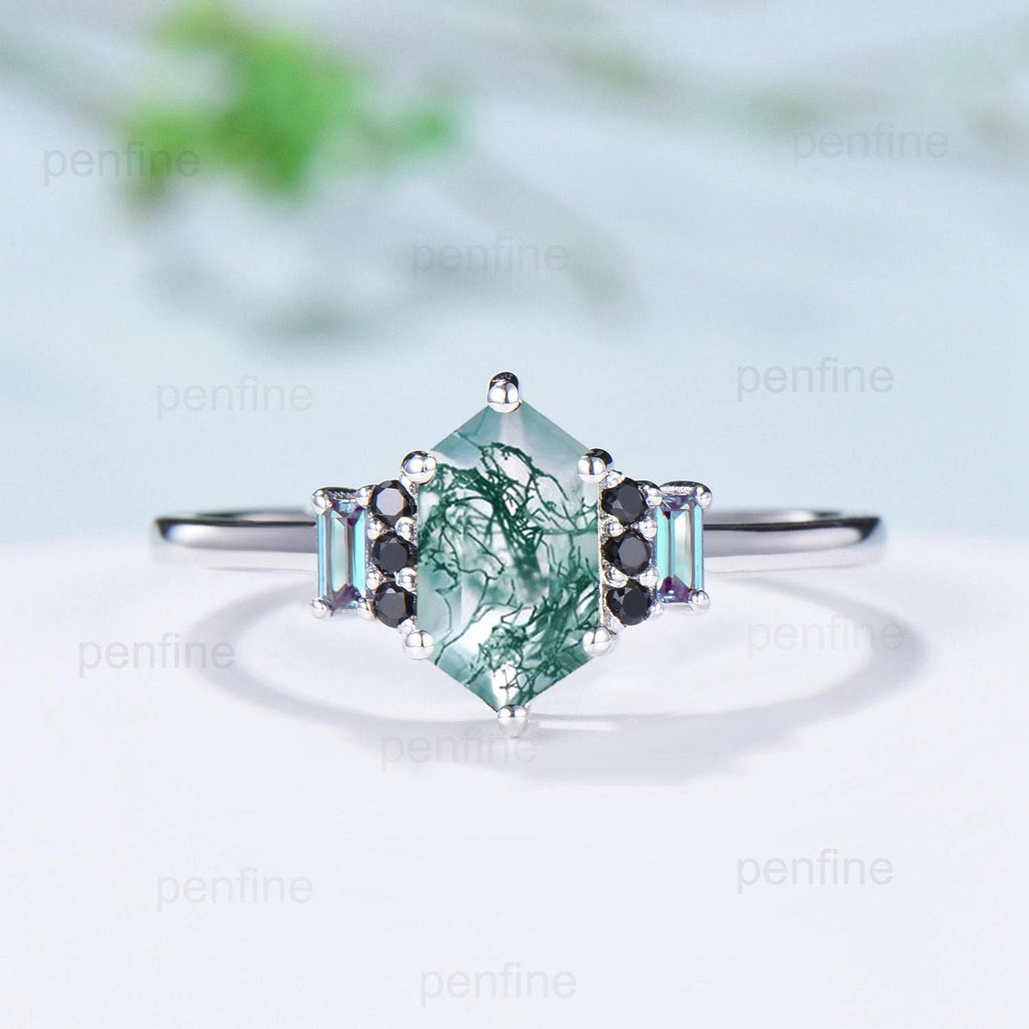 Unique Long Hexagon Cut Moss Agate Engagement Ring Baguette Alexandrite Cluster Black Spinel Wedding Ring Vintage Anniversary Bridal Gift