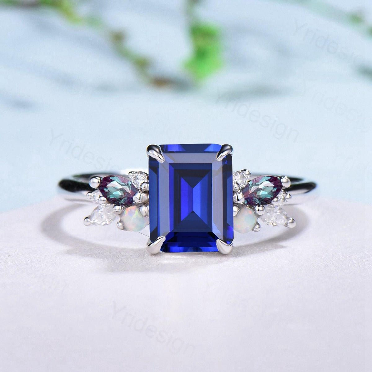 Unique Emerald Cut Blue Sapphire Engagement Ring Marquise Alexandrite Opal Wedding Ring Vintage Cluster Moissanite Anniversary Promise Ring