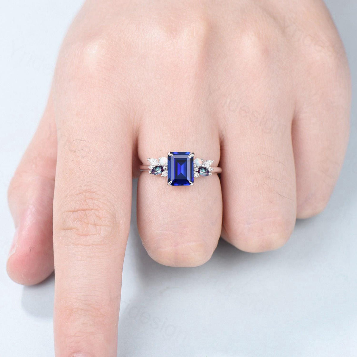 Unique Emerald Cut Blue Sapphire Engagement Ring Marquise Alexandrite Opal Wedding Ring Vintage Cluster Moissanite Anniversary Promise Ring