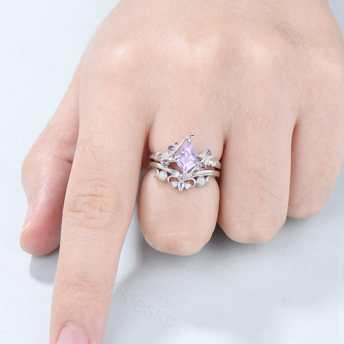 Nature Inspired kite lavender amethyst engagement ring set twig cluster amethyst wedding set Vintage marquise moonstone opal stacking ring