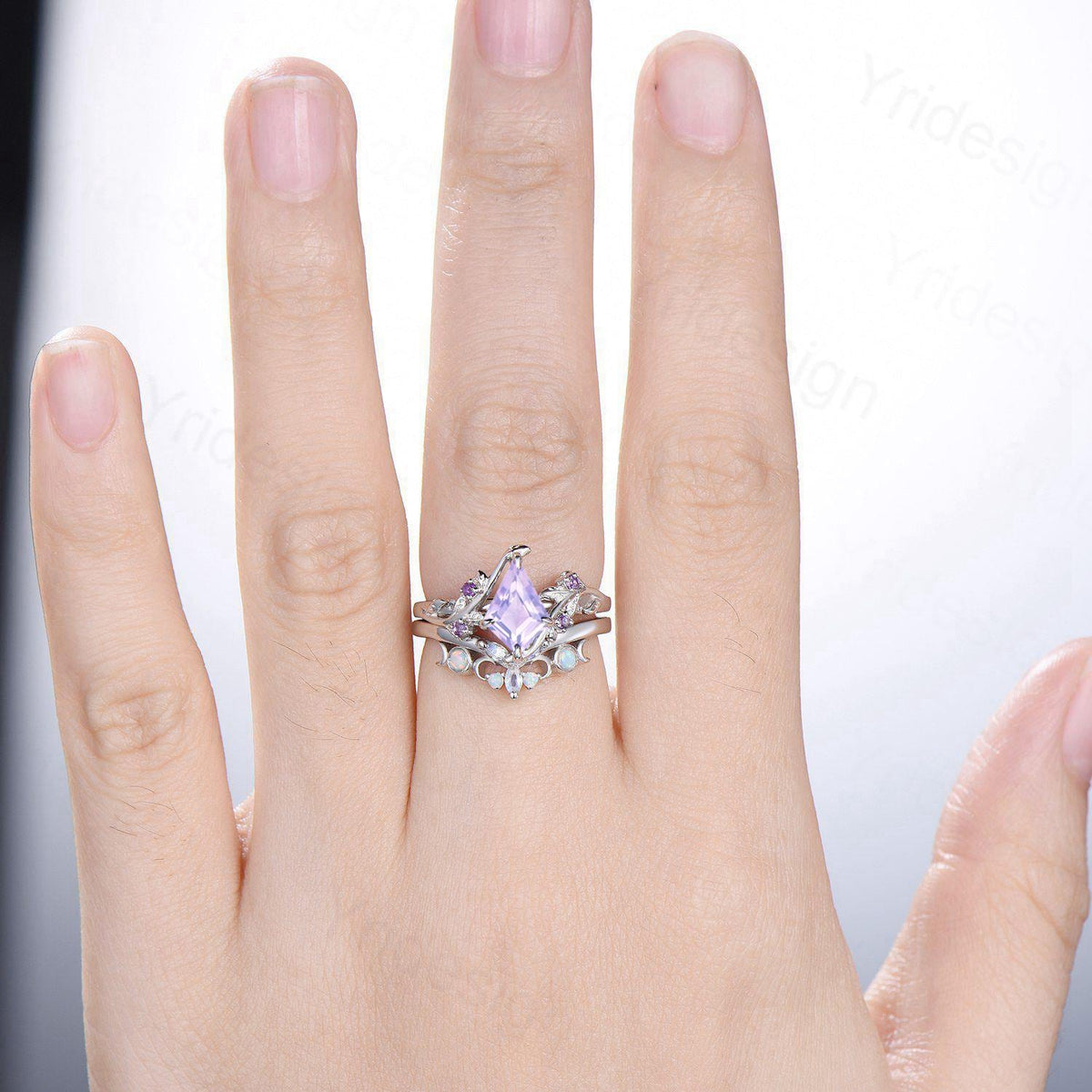 Nature Inspired kite lavender amethyst engagement ring set twig cluster amethyst wedding set Vintage marquise moonstone opal stacking ring