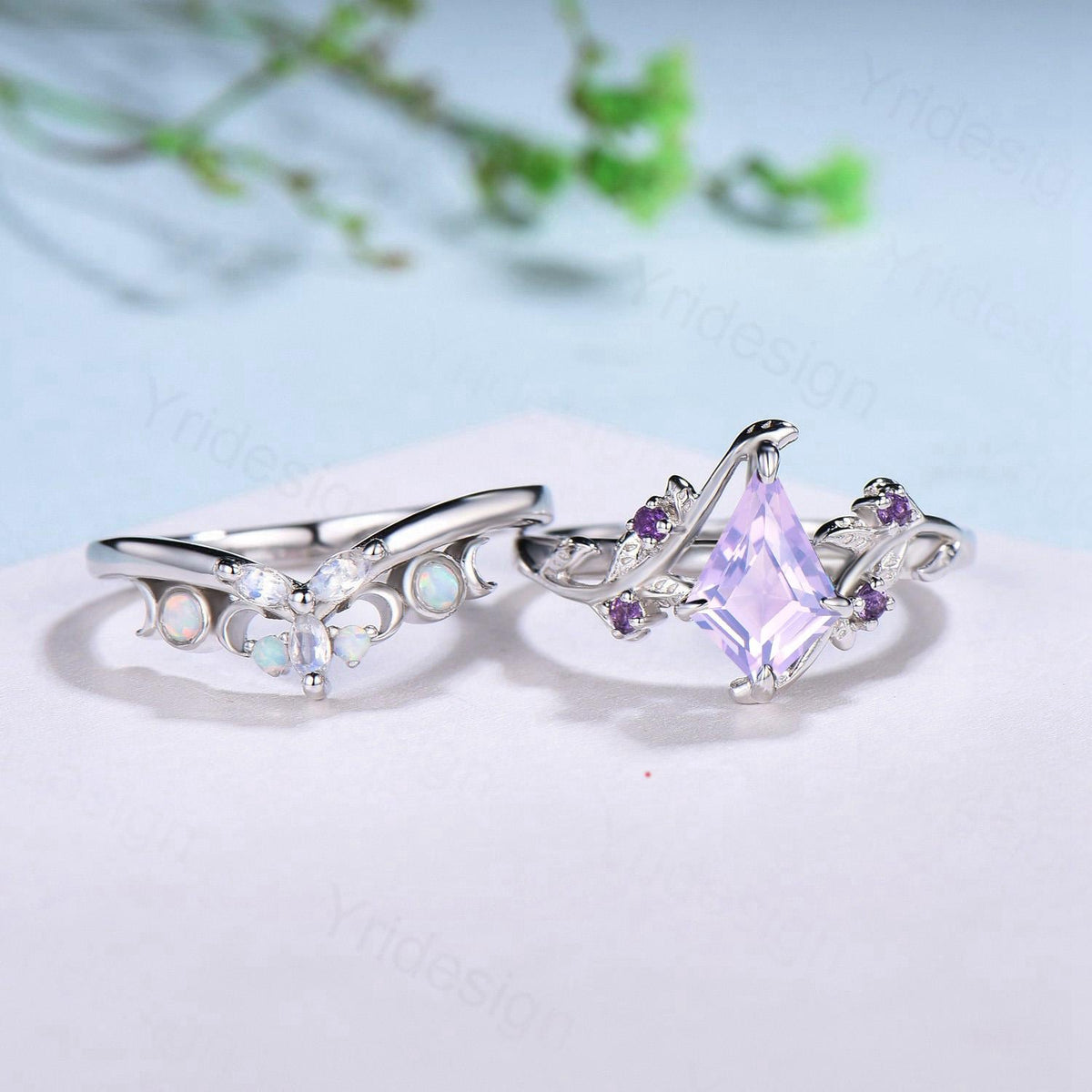 Nature Inspired kite lavender amethyst engagement ring set twig cluster amethyst wedding set Vintage marquise moonstone opal stacking ring