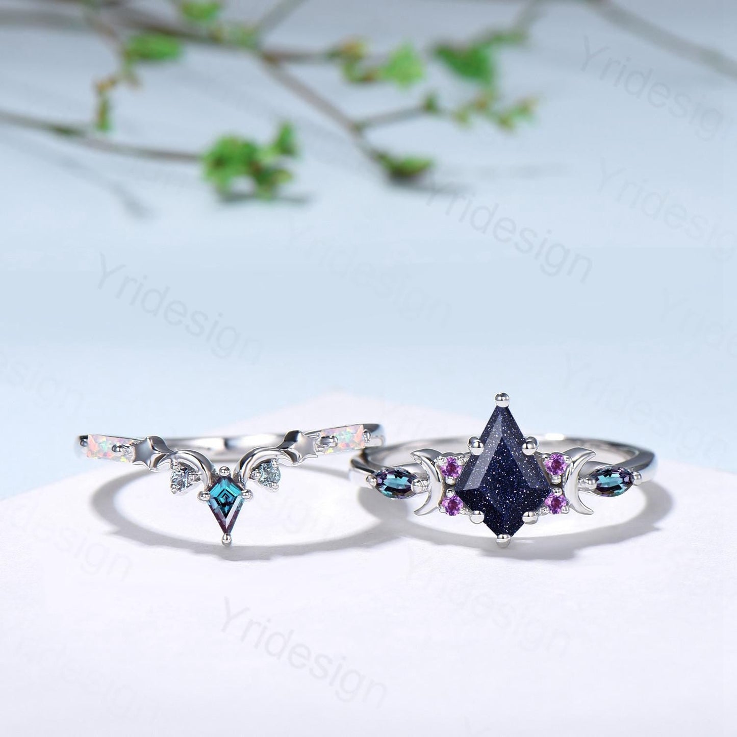 Vintage kite cut blue sandstone engagement ring set Crescent moon star alexandrite amethyst cluster ring unique gothic bridal ring set women