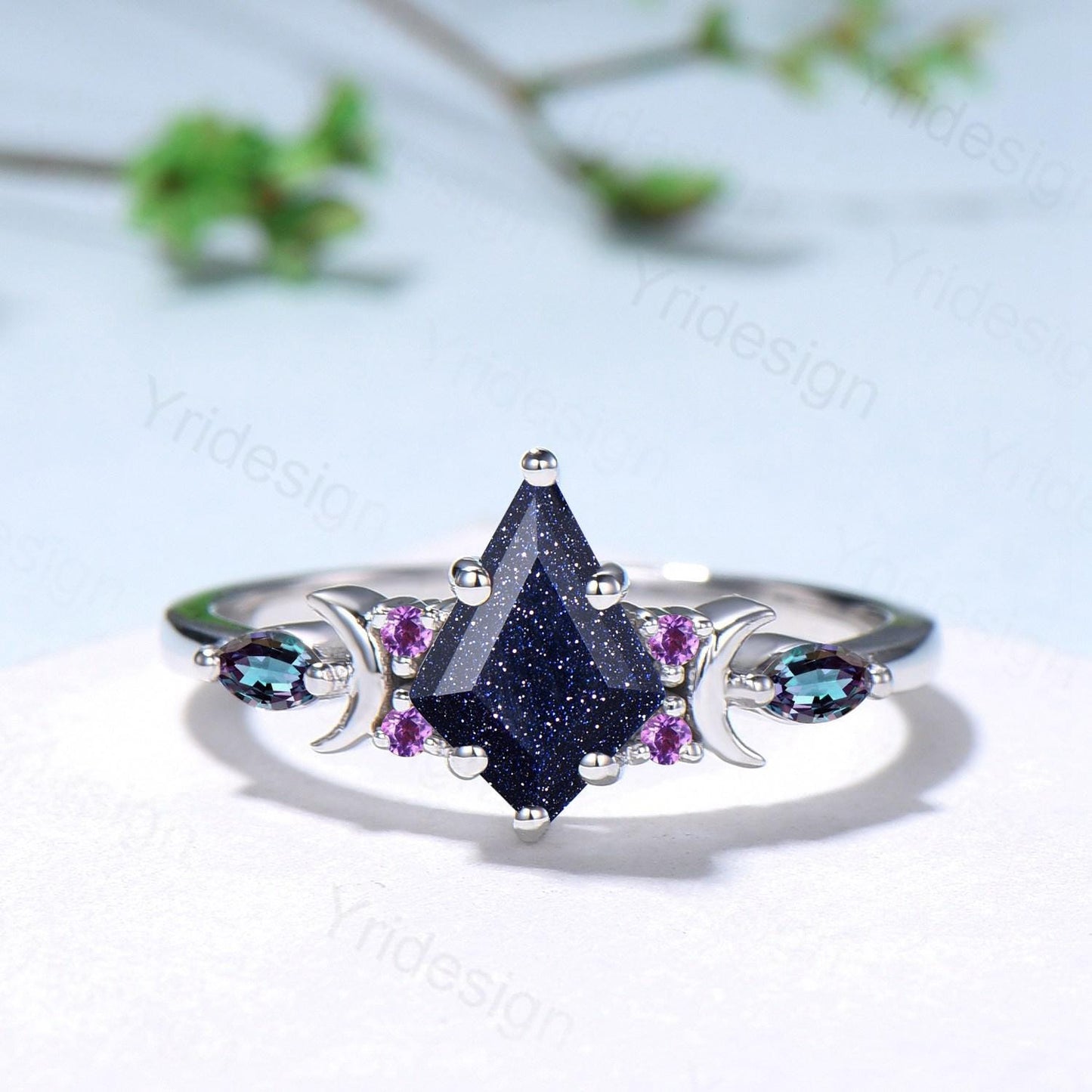Vintage kite cut blue sandstone engagement ring set Crescent moon star alexandrite amethyst cluster ring unique gothic bridal ring set women