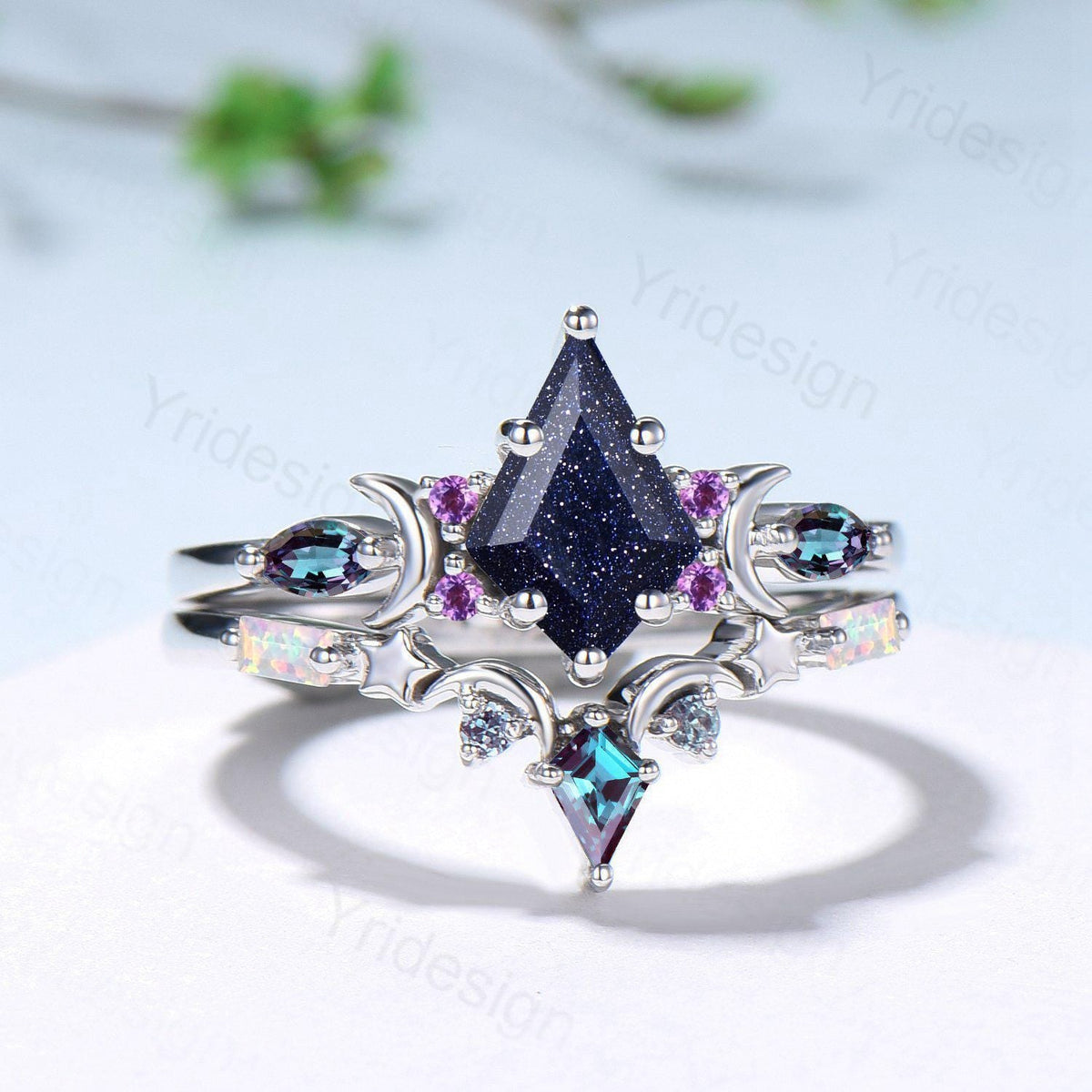 Vintage kite cut blue sandstone engagement ring set Crescent moon star alexandrite amethyst cluster ring unique gothic bridal ring set women