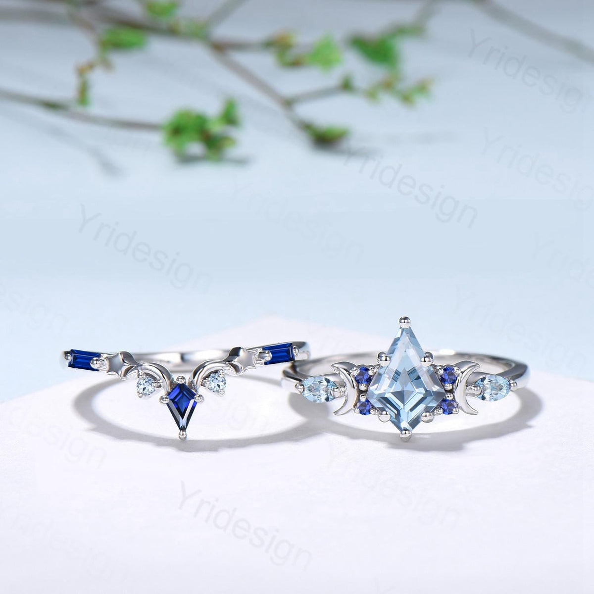 Vintage Aquamarine ring set Unique kite cut aquamarine moon star engagement ring set Elegant March birthstone sapphire wedding set for women