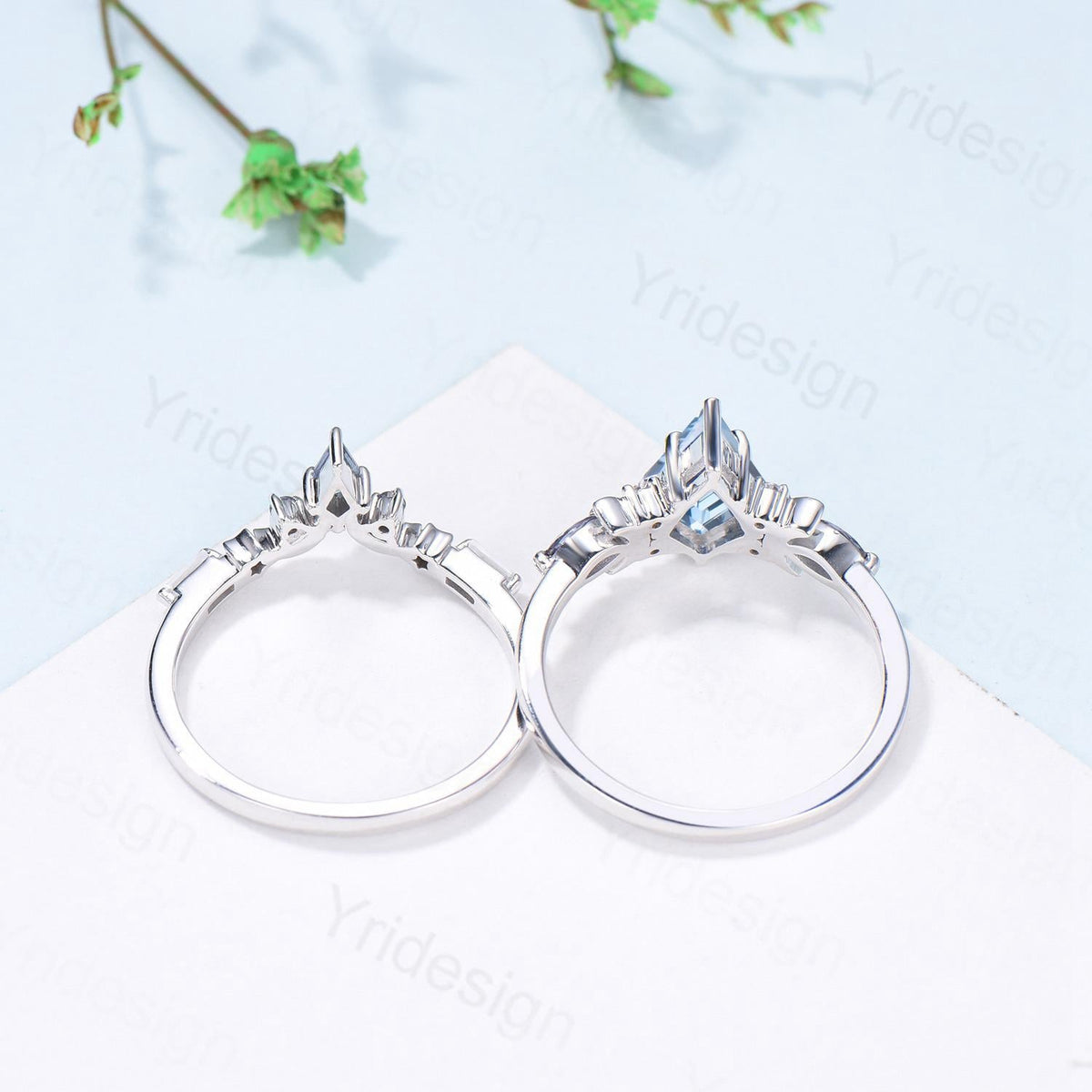 Vintage Aquamarine ring set Unique kite cut aquamarine moon star engagement ring set Elegant March birthstone sapphire wedding set for women