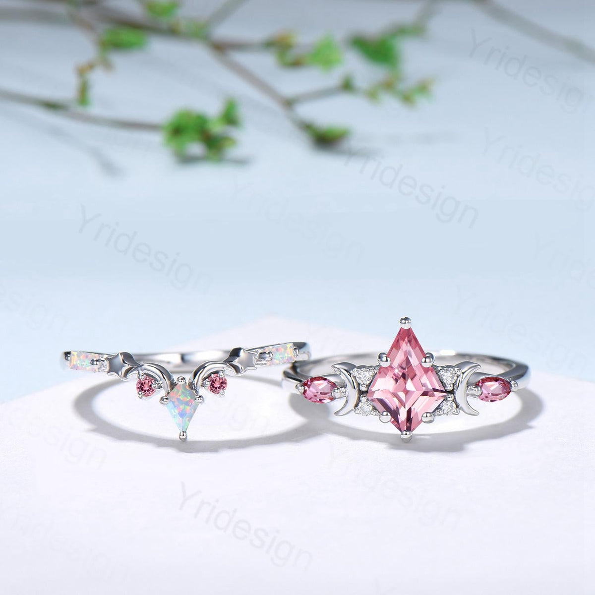 Unique Papalacha sapphire engagement ring set moon star kite cut pink sapphire wedding ring set elegant promise anniversary bridal set women