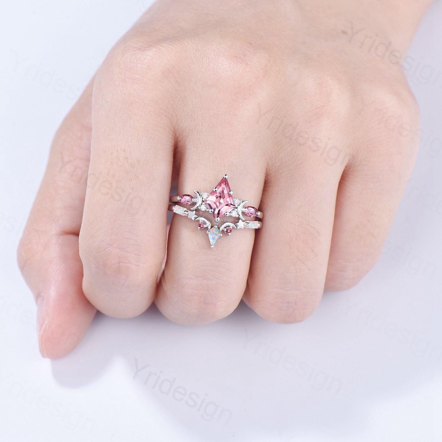 Unique Papalacha sapphire engagement ring set moon star kite cut pink sapphire wedding ring set elegant promise anniversary bridal set women
