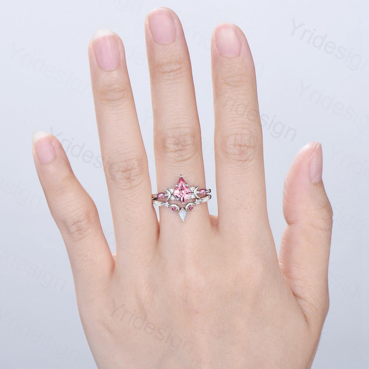 Unique Papalacha sapphire engagement ring set moon star kite cut pink sapphire wedding ring set elegant promise anniversary bridal set women