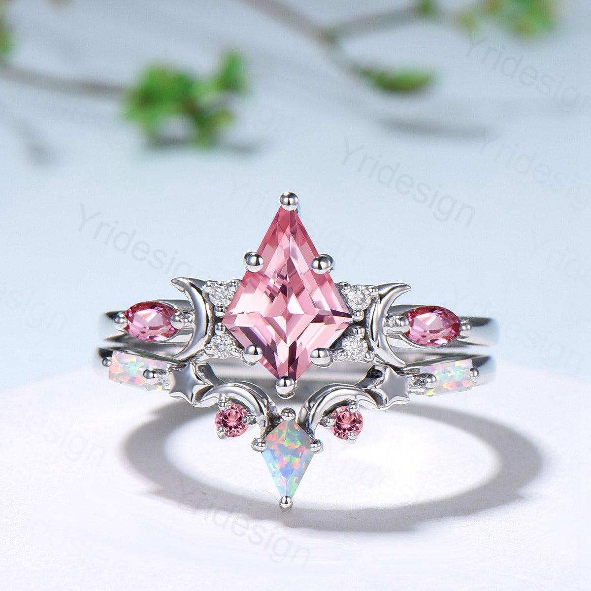 Unique Papalacha sapphire engagement ring set moon star kite cut pink sapphire wedding ring set elegant promise anniversary bridal set women