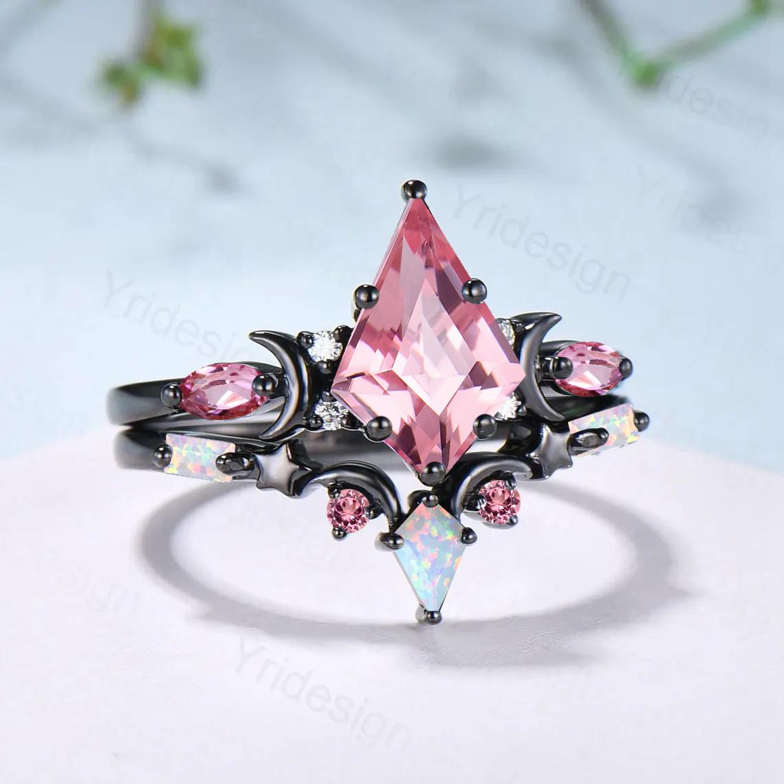 Unique Papalacha sapphire engagement ring set moon star kite cut pink sapphire wedding ring set elegant promise anniversary bridal set women