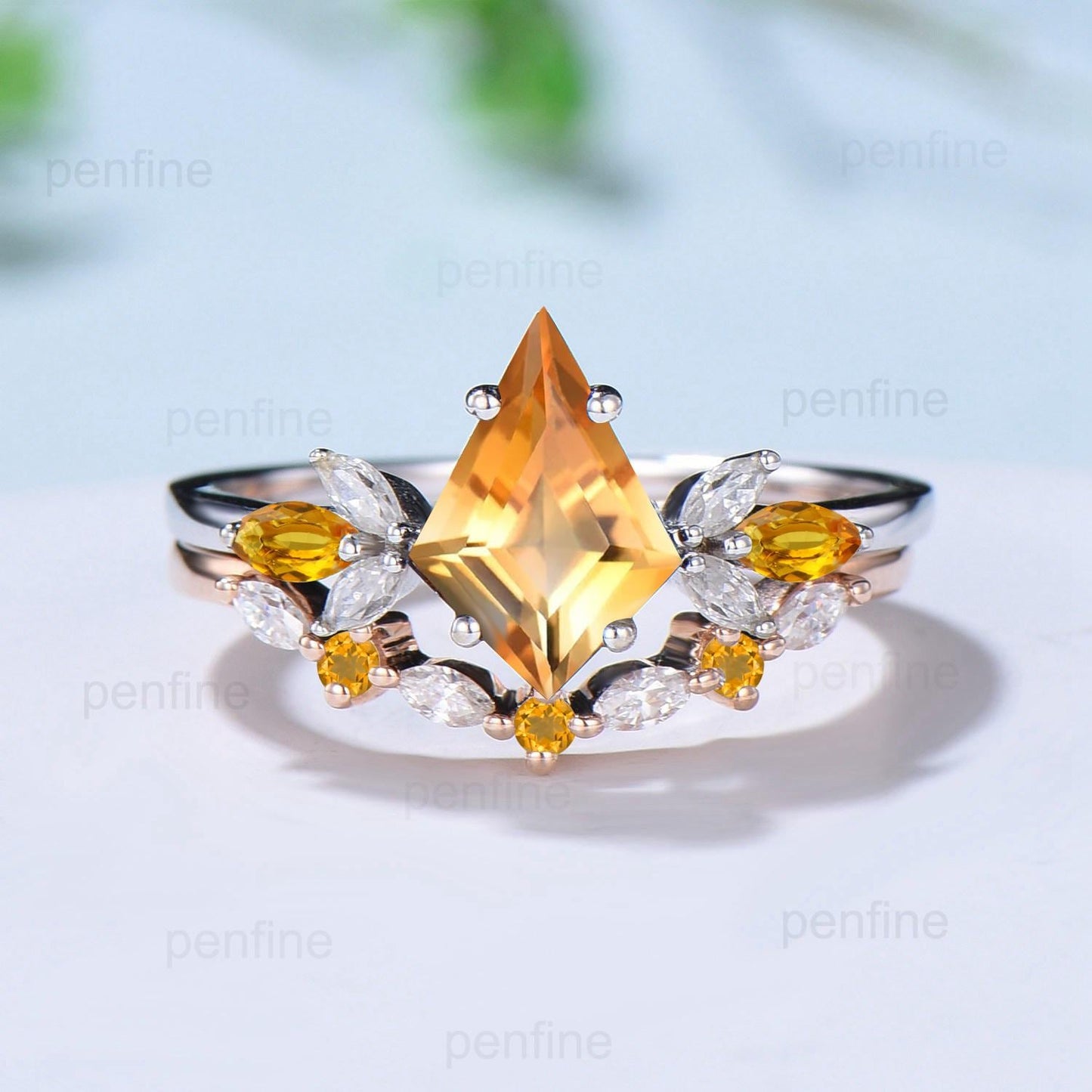 Retro citrine engagement ring set kite cu Vintage kite cut citrine wedding ring for women yellow crystal November birthstone promise ring