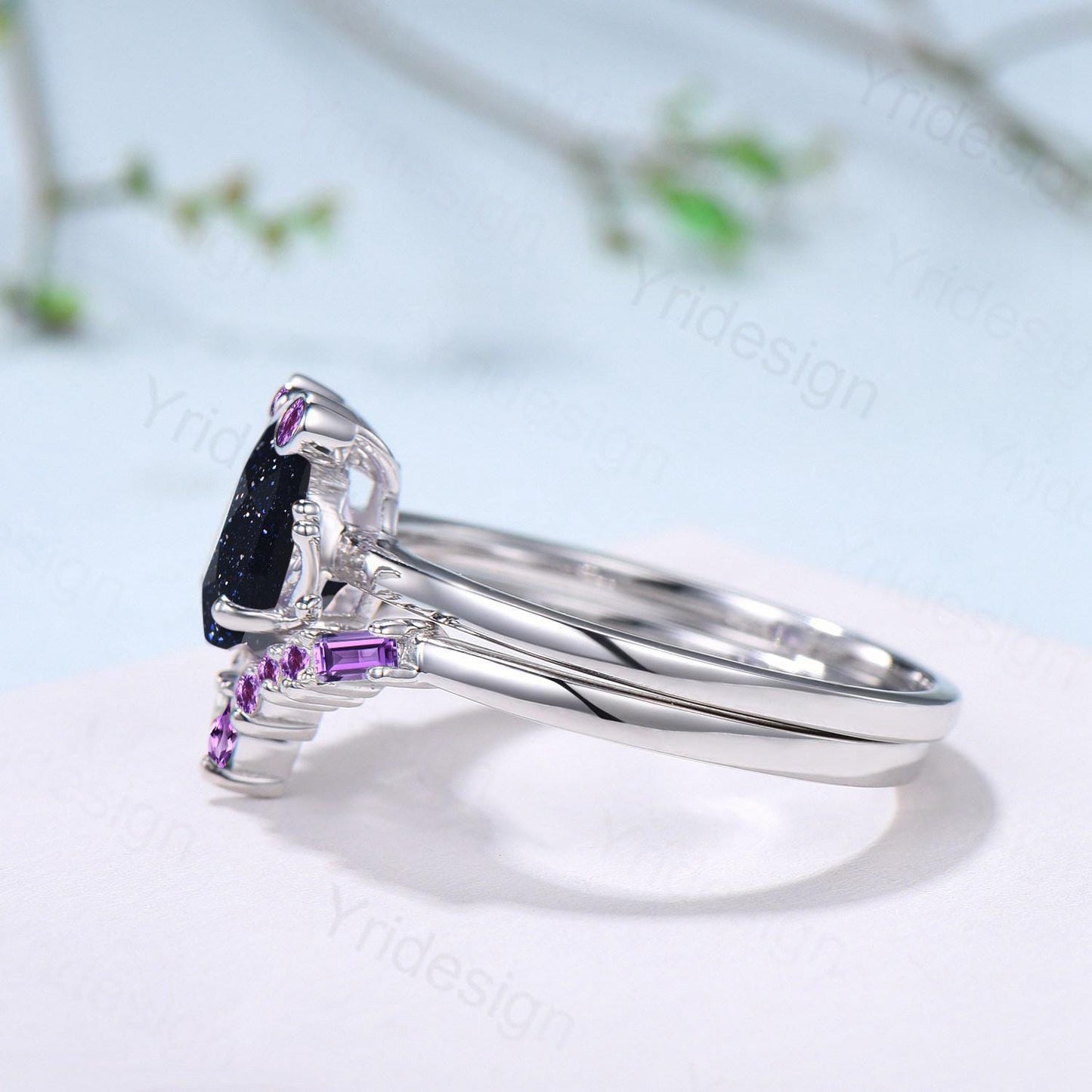 Unique pear blue sandstone engagement ring set, Frog animal inspired galaxy wedding set, three stone amethyst bridal set anniversary gift
