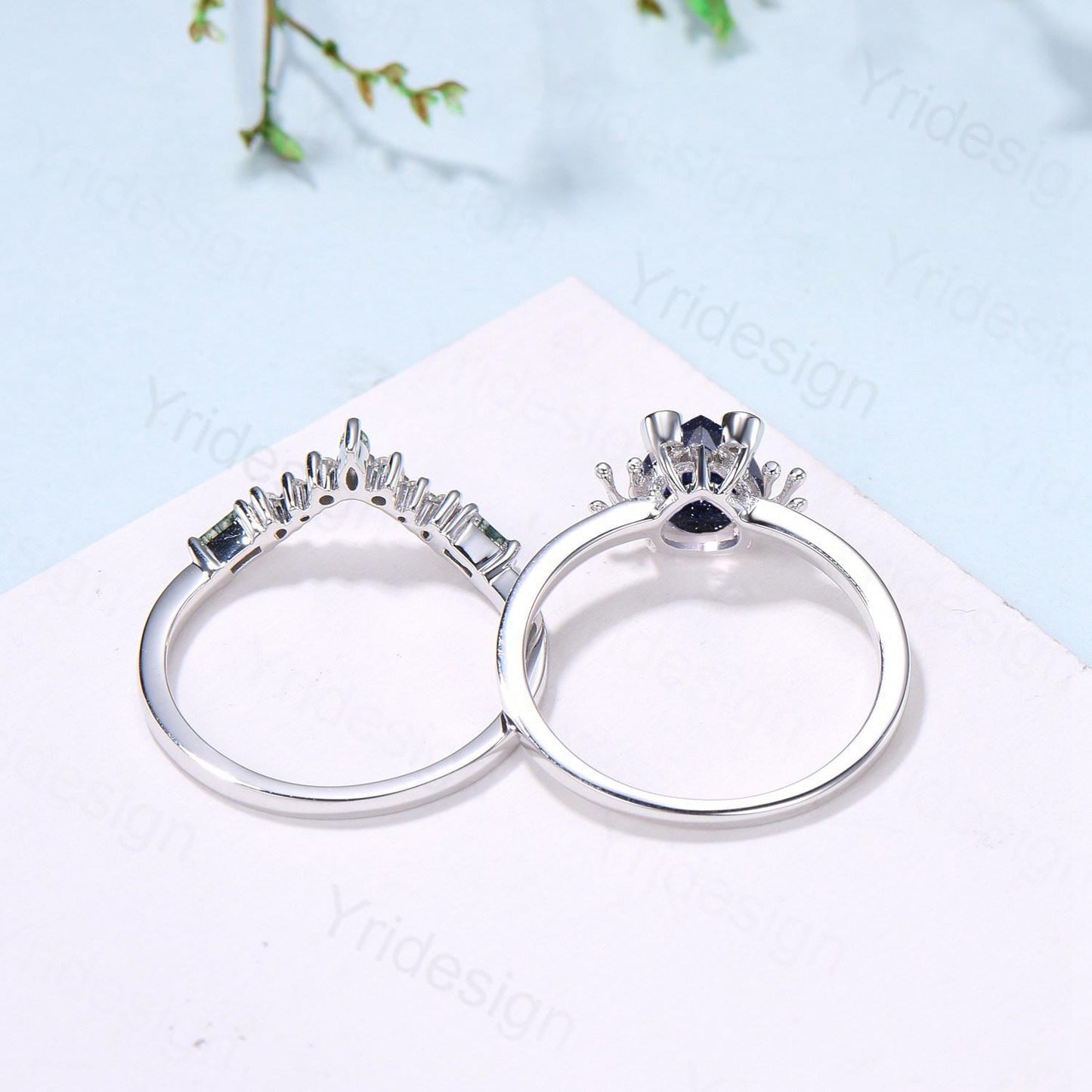 Unique pear blue sandstone engagement ring set, Frog animal inspired galaxy wedding set, three stone amethyst bridal set anniversary gift