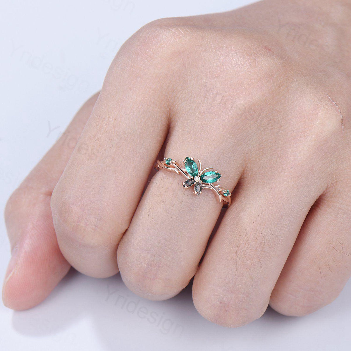 Vintage Butterfly Emerald Engagement Ring Unique Marquise Cut Moss Agate Wedding Ring 14k Rose Gold Flower Promise Anniversary Gift for Wife