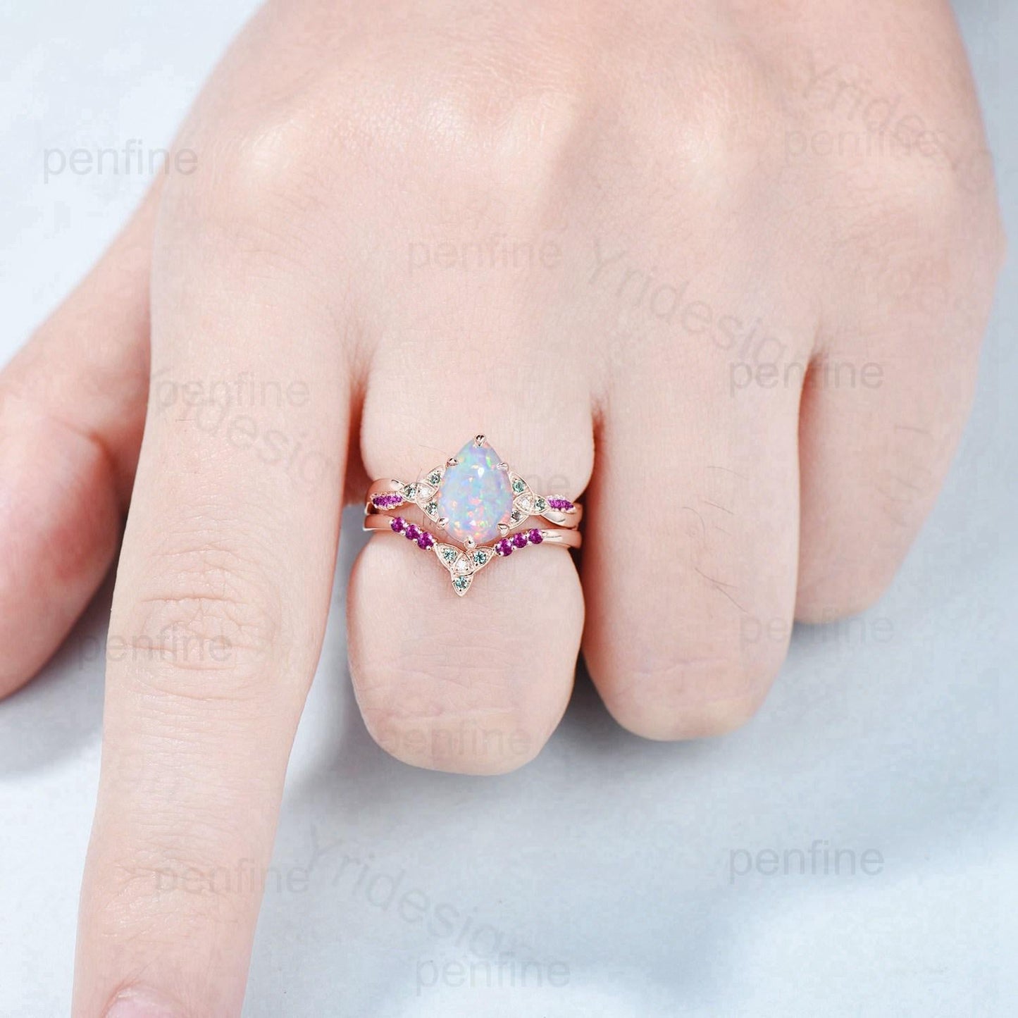 Norse Viking Pear Shaped Opal Wedding Ring Set Celtic Knot 14K Rose Gold Split Shank Opal Ruby Engagement Ring Opal Emerald Bridal Set Women